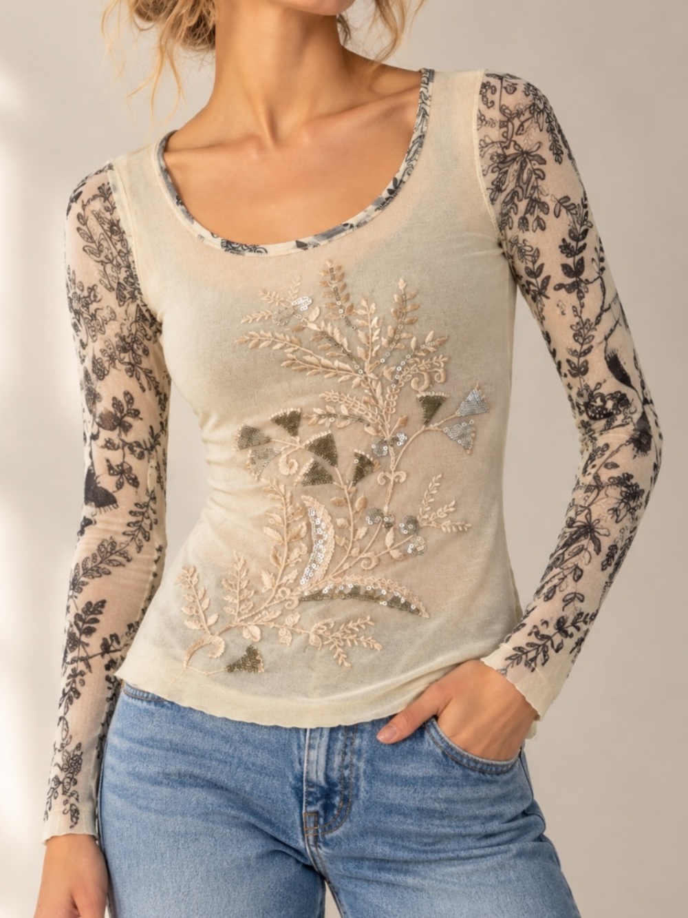 Fuzzi Italy Embroidered Floral Sequin Mesh Long Sleeve Top Size S
